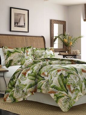 Tommy Bahama Palm Leaf Comforter Set in Green and Tan Sz Queen NWT